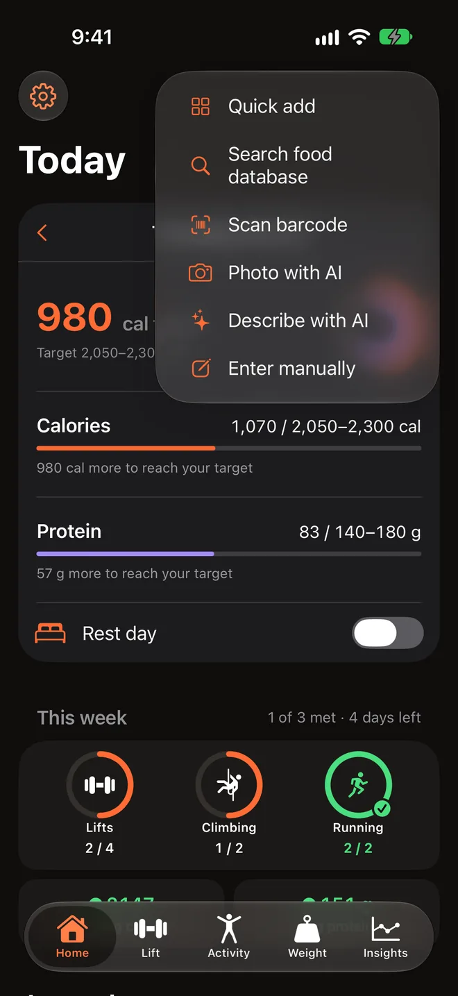 Add menu with Quick add, Search food database, Scan barcode, Photo with AI, Describe with AI and Enter manually