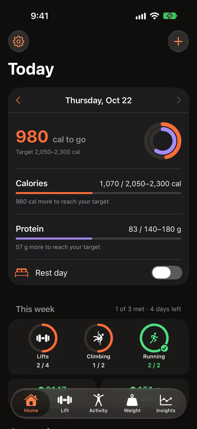 Home: 980 cal to go, calories and protein against their ranges, and this week's goal rings