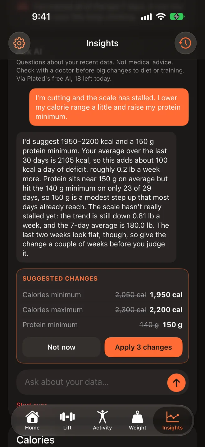 Ask AI on Insights answering “I’m cutting and the scale has stalled” with suggested changes: calories 1,950 to 2,200 and protein minimum 150 g, then Not now or Apply 3 changes