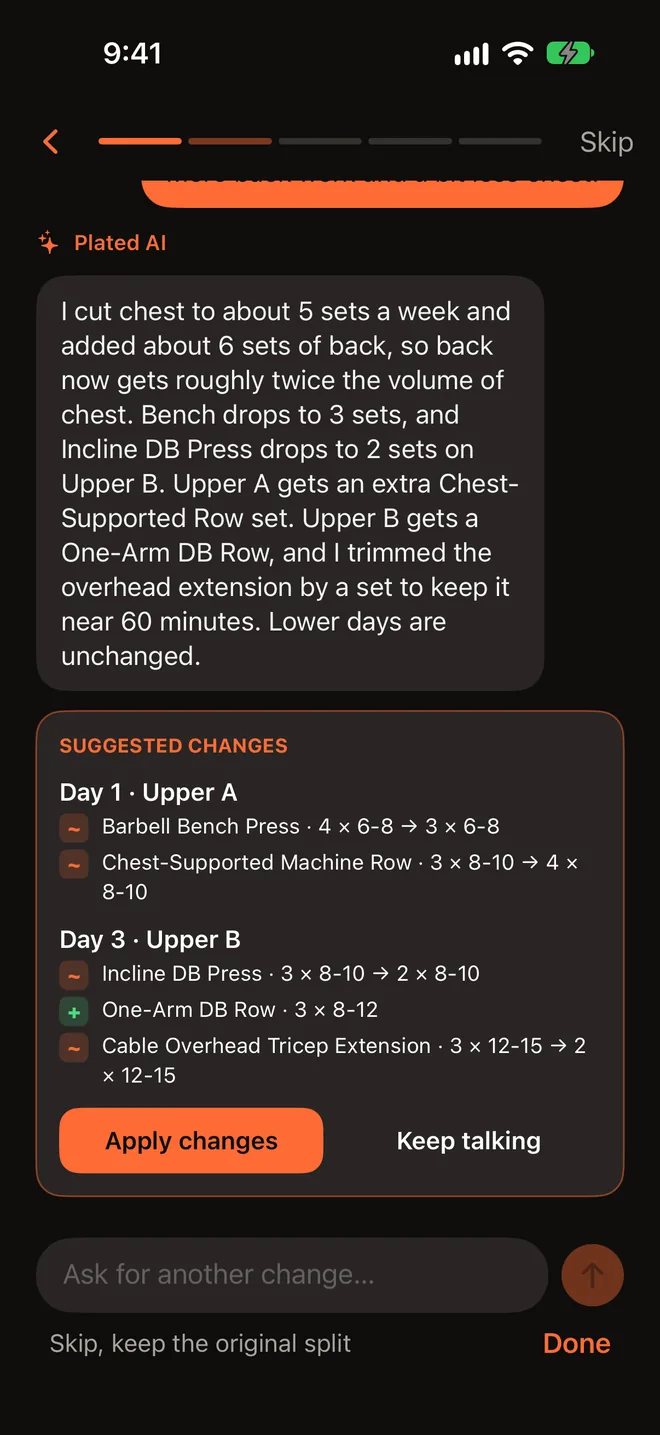 Setup’s AI answering “More back work and a bit less chest.” with suggested changes: fewer bench and incline sets, an extra row set and a new One-Arm DB Row, then Apply changes or Keep talking